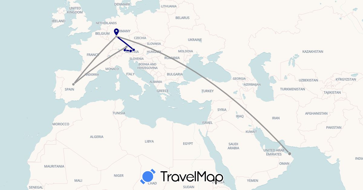 TravelMap itinerary: driving, plane in Austria, Germany, Spain, Oman (Asia, Europe)